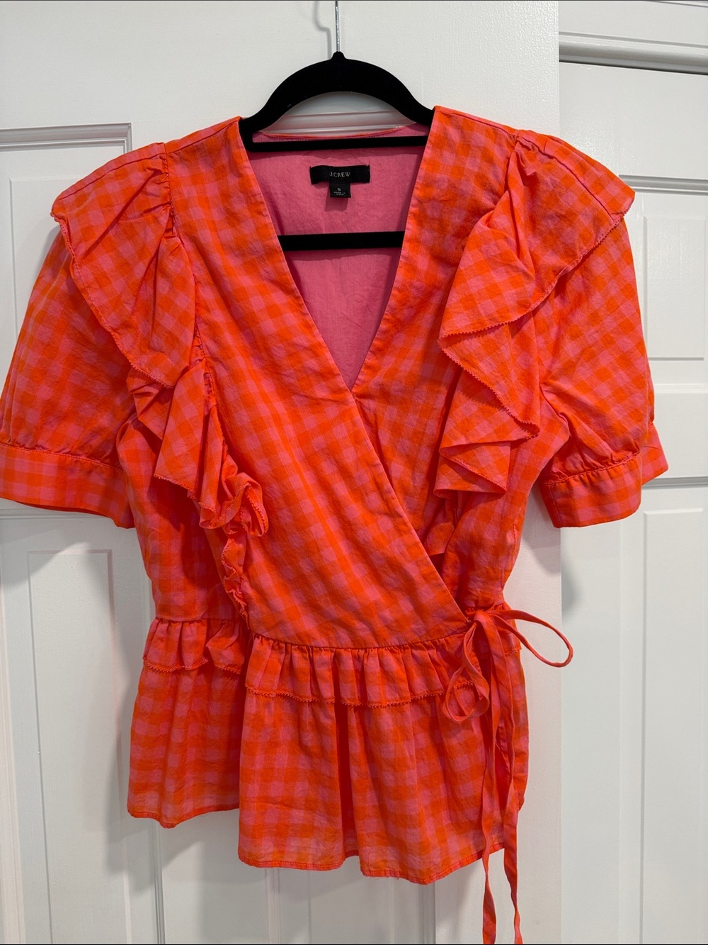 J. Crew Pink and Orange Gingham Wrap Blouse with Ruffles